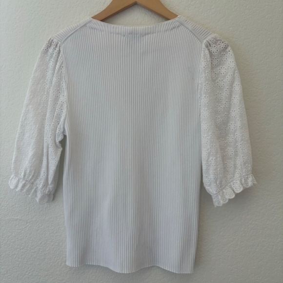 Elie. Elie Tahari white ribbed button‎ down eyelet sleeve top Size Large - Picture 7 of 7